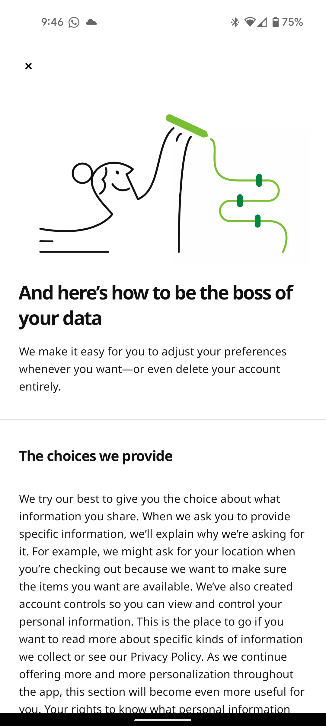 App screenshot of data control privacy policy