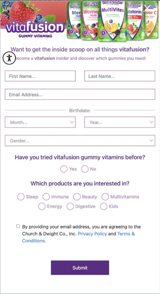 Screenshot of Vitafusion form which invites users to share their information to find out which gummyvites vitamins are the best for them.