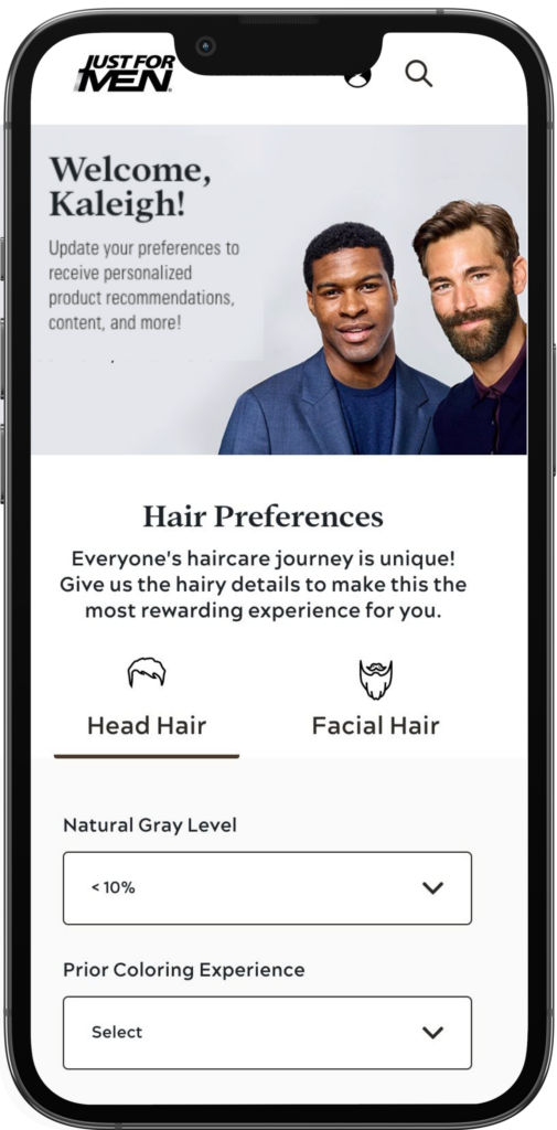 Just for Men preference center displayed on a mobile device