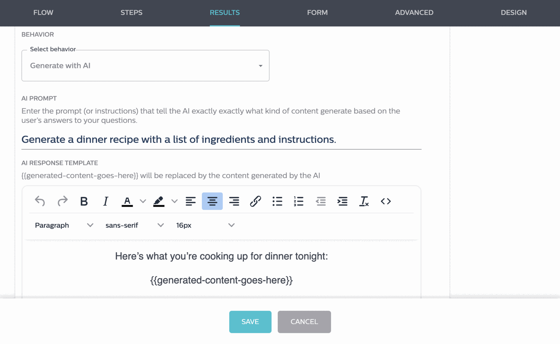 Wyng's Generative AI experience builder, showing input prompt and result template