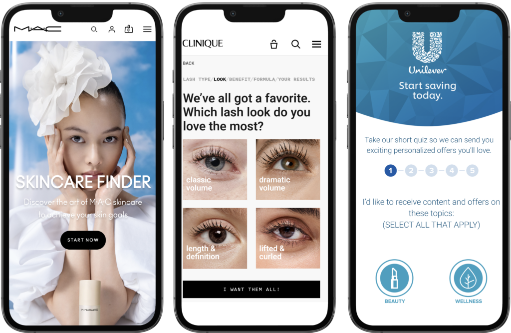 3 mobile mocks of 3 different product advisor quizzes from MAC, Clinique, and Unilever