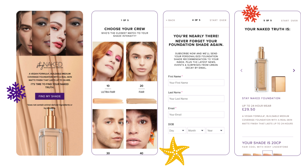 Urban Decay foundation finder with email opt-in page and results screen with personalized product recommendation