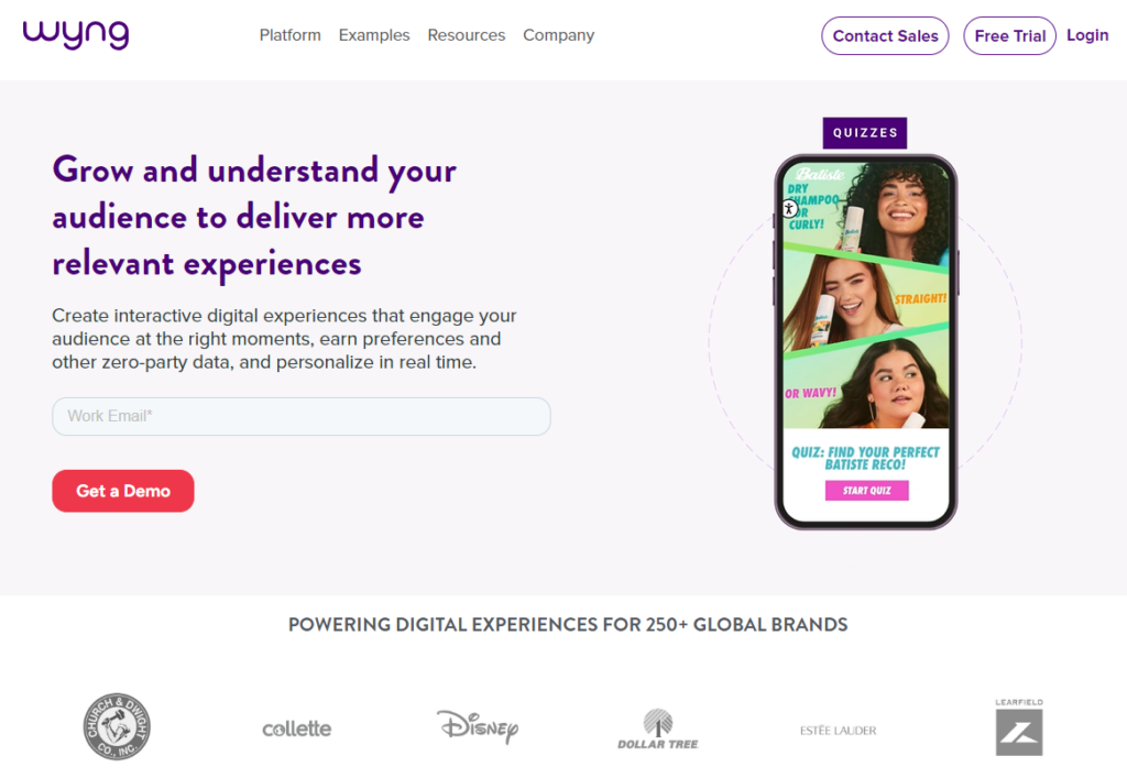 The Wyng homepage has a slogan, saying: ‘Grow and understand your audience to deliver more relevant experiences’.