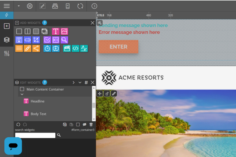 ShortStack’s landing page builder has several widgets and containers.