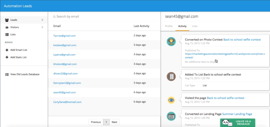 Wishpond automation leads shows the list of capture profiles and their activities on your campaigns.