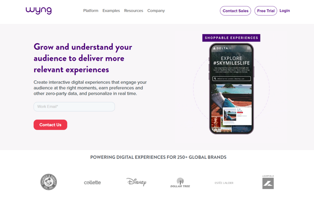 Wyng’s home page has a link for creating a free account and launching a campaign immediately and another link for booking a demo within 2 minutes.