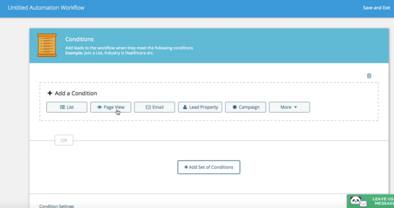 Wishpond’s automation builder has buttons for adding conditions to the workflow.