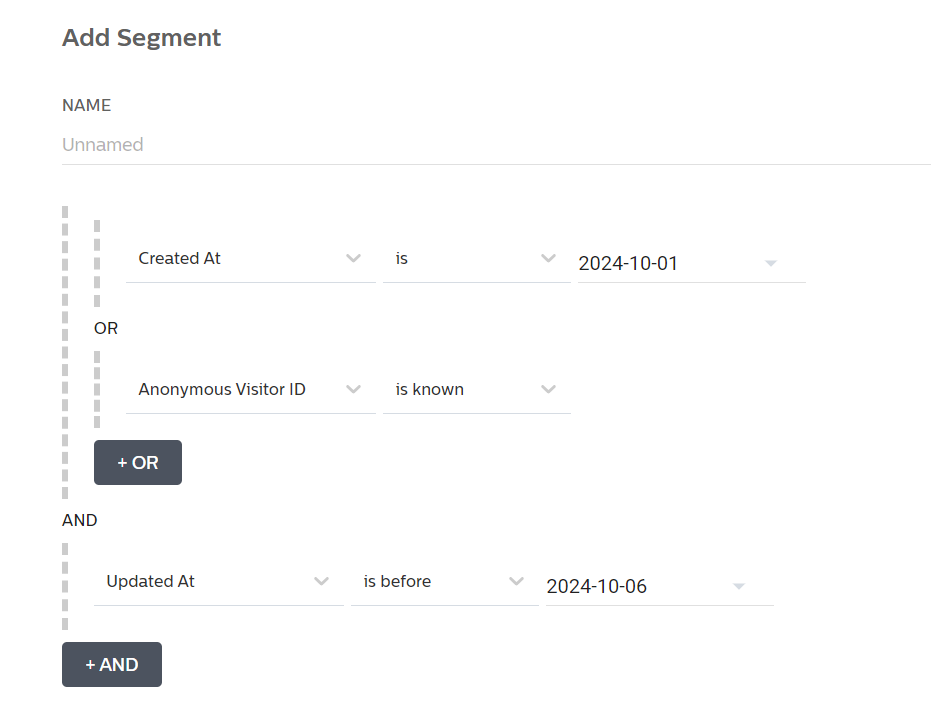 Wyng’s Segments feature has buttons for adding OR and AND conditions to the segment.