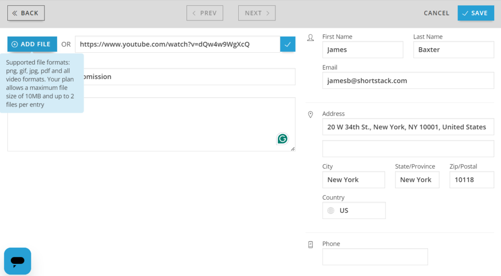 ShortStack’s form entry shows the name, email, address, city, and uploaded content.