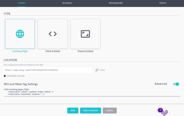 Wyng lets you distribute experiences as a landing page, inline embed, or iframe embed.