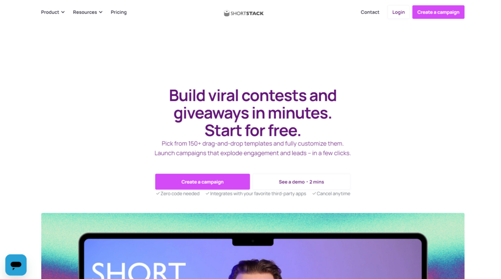 ShortStack’s home page has a link for creating a free account and launching a campaign immediately, and another link for booking a demo within 2 minutes.