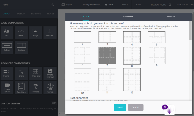 Wyng’s flex grid lets you select the style, number of rows and column, and slot alignment of the section container.