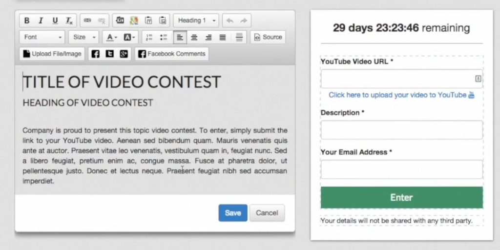 Wishpond’s video contest editor has a voting timer and form fields for submitting the video URL and participant’s email address.