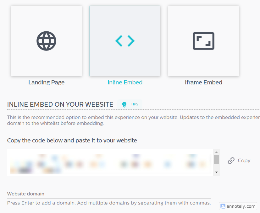 Wyng’s inline embed provides HTML code which you can paste in your website.