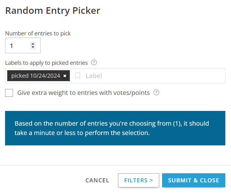 ShortStack lets you customize how many winning entries to select at random, with the option to give extra weight to entries with more votes.