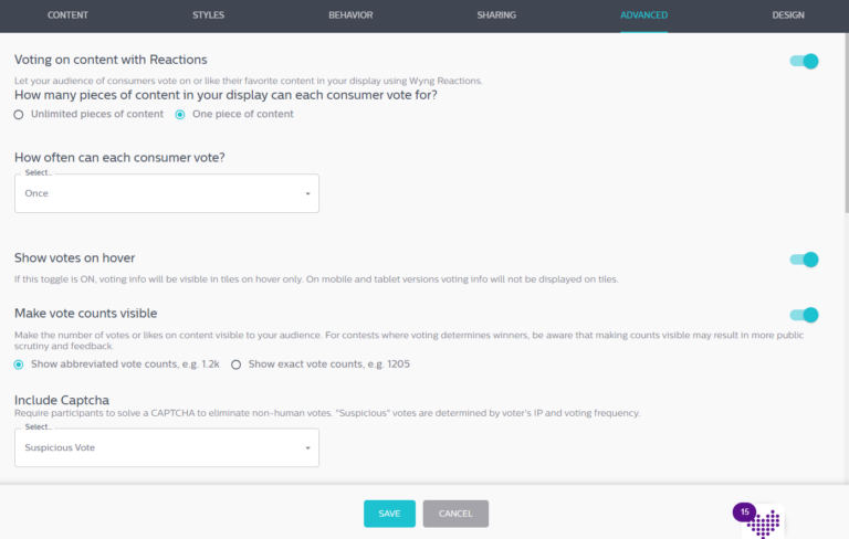 Wyng’s voting settings let you customize how often each consumer can cote, show vote counts, and include a Captcha test.