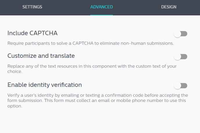 Wyng lets you toggle captcha test, translation, and identity verification on experiences.