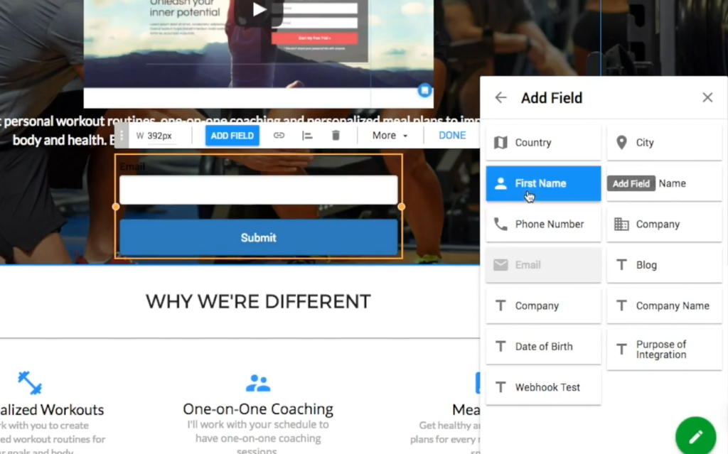 Wishpond has form fields for country, first name, city, phone number, and company, and custom text form fields.