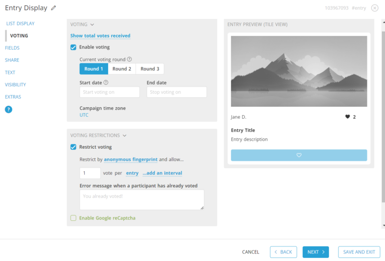 ShortStack’s entry widget has a checkbox for enabling voting and another checkbox restricting the number of votes per participant.