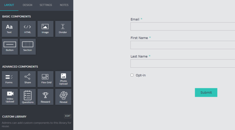 Wyng has several experience components like text, image, button, forms, flex grid, reward, and questions.