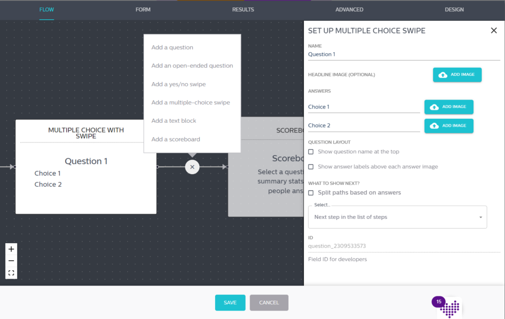 Wyng uses a flow builder to create quiz questions with multiple choices, split paths, and optional image choices.