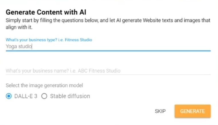 Wishpond’s website builder uses DALL-E3 or Stable diffusion AI to generate texts and images for your business type.